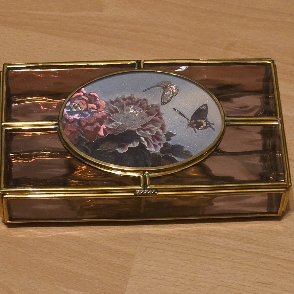 Vtg Enesco Purple Stained Glass/Brass Jewelry Box Flowered Top Mirrored